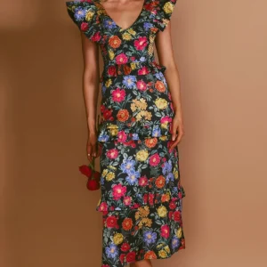 Lindsay Midi Dress ~ Charm Peony Black Luxe Satin